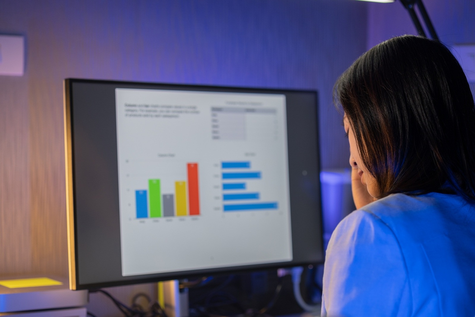 Woman sitting at a desk, looking at colorful charts on a computer monitor in a softly lit room.
