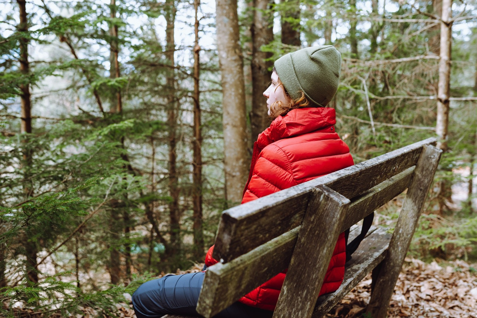 Person taking a quiet break on a forest bench, representing time away from EMDR sessions.